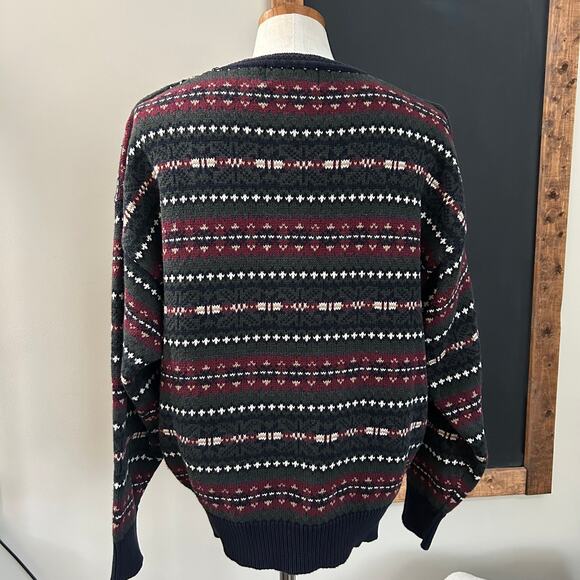 Vintage Woods & Gray Striped Knit Sweater XL Cottagecore Grandpa Navy Burgundy - Picture 7 of 9